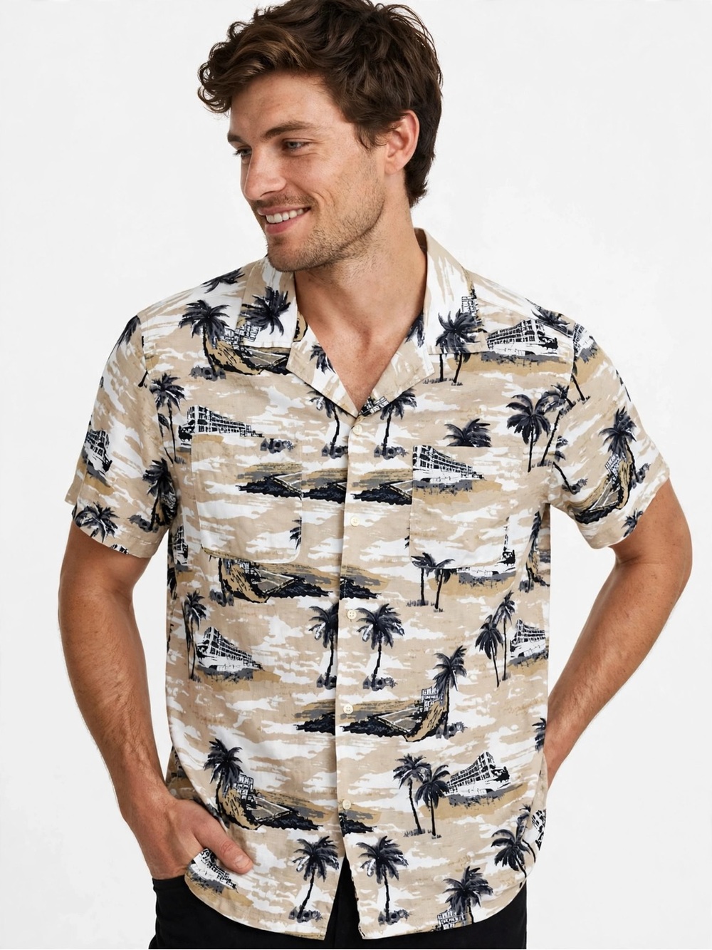 Life After Denim L Hawaiian Palm Tree Scenic Print Button Down Shirt Resort